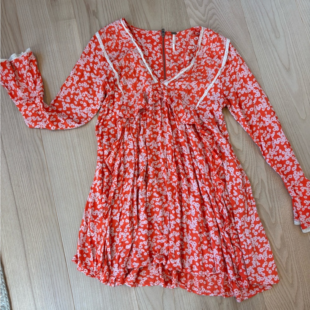 Free People Red Floral Long Sleeve Dress